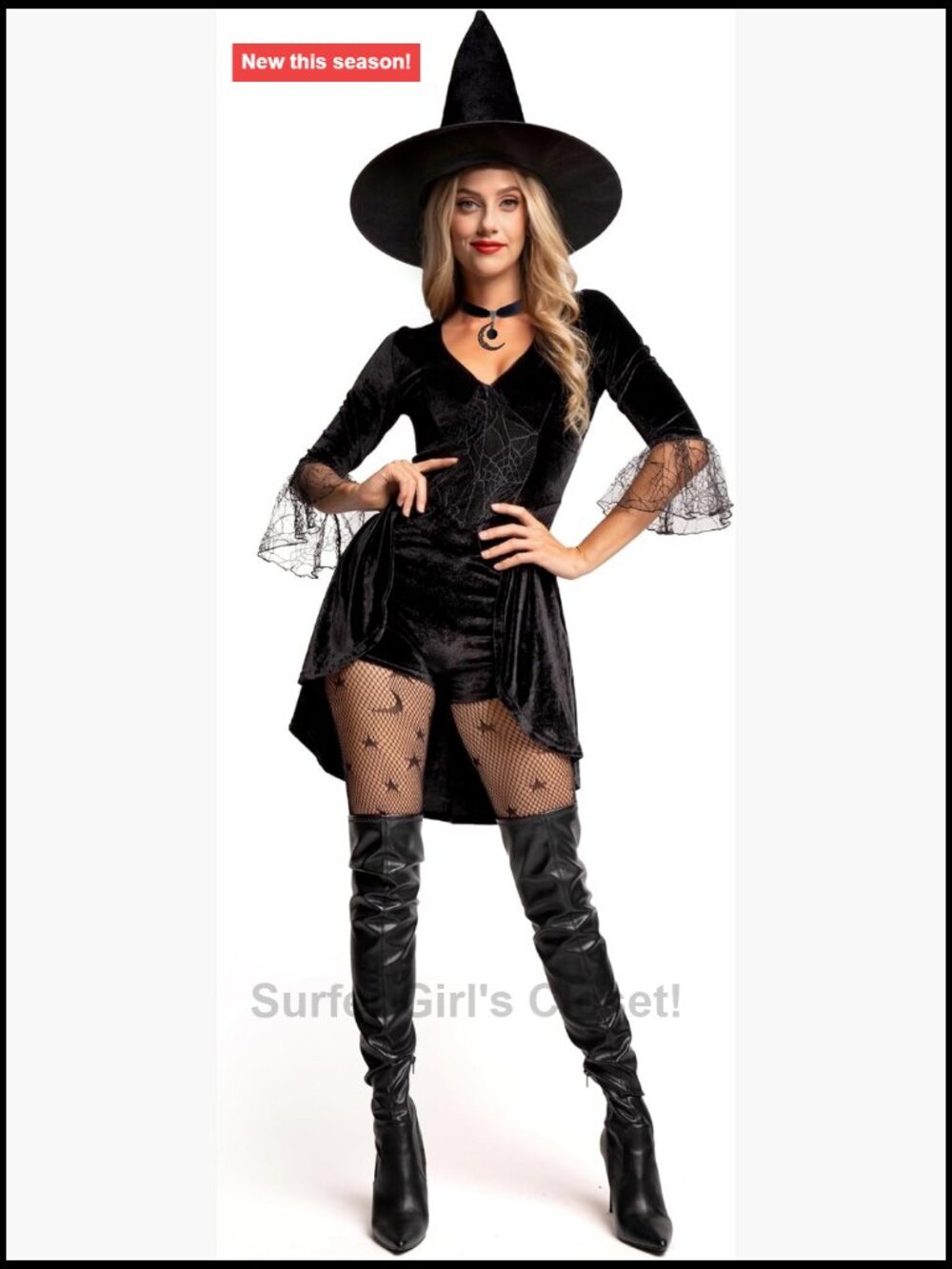 Sexy Classic Witch Bodysuit with Hat - Stretch Velour